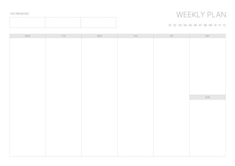 A weekly plan design template in a modern, simple, and minimalist style. Note, scheduler, diary, calendar, planner document template illustration.
