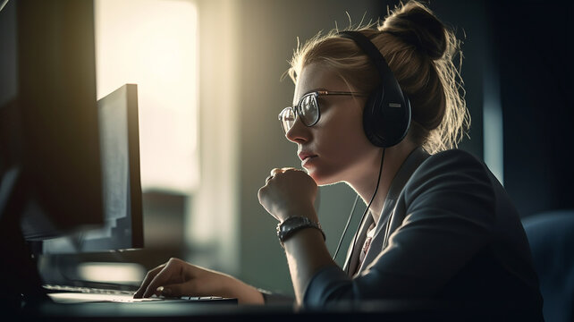 ヘッドフォンをしながら仕事をする白人女性（勉強・作曲・編曲・記者・ライター・ヒアリング）
