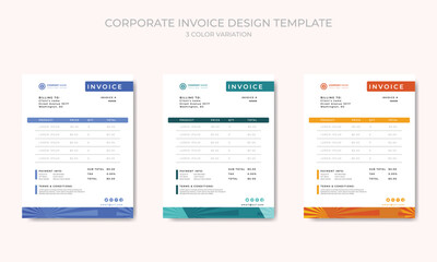 Clean Business invoice form template with 3 color themes vector template.