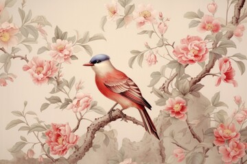 chinese painting pattern with cherry blossoms and a bird, in the style of hyperrealistic murals