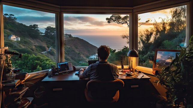 A dreamy office space offering an incredible view of the surrounding nature, inspiring peace and productivity. Generative AI