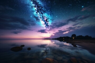 Fototapeta na wymiar A twilight sky with clouds and stars in blue and purple hues. Generative AI