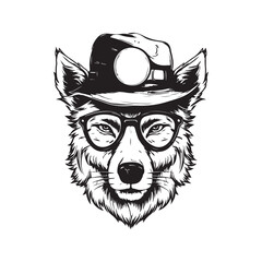 hipster wolf, vintage logo line art concept black and white color, hand drawn illustration