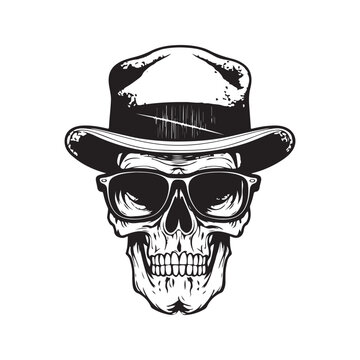 hipster skull, vintage logo line art concept black and white color, hand drawn illustration