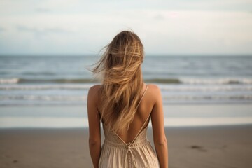 Fototapeta na wymiar Woman on the beach near the sea, view from the back. Travel concept. AI generated, human enhanced