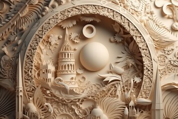 Arabic style city with a mosque made of paper, handmade. Ecology concept. AI generated, human enhanced.