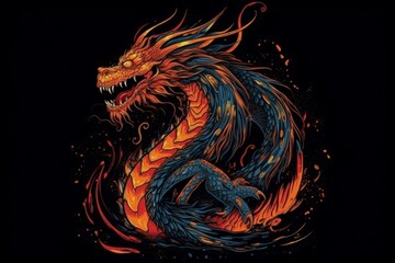Dragon from fire on black background. Drawing style. Preparation for printing. AI generated, human enhanced