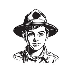 kid in boy scout hat, vintage logo line art concept black and white color, hand drawn illustration