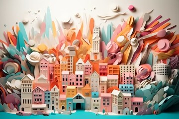 Abstract city made of paper, handmade. Ecology concept. AI generated, human enhanced.