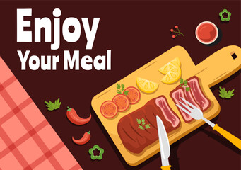 Enjoy Your Meal Vector Illustration a Variety of Delicious Food in Home or Restaurant in Flat Cartoon Hand Drawn Landing Page Background Templates - obrazy, fototapety, plakaty