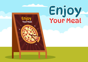 Enjoy Your Meal Vector Illustration a Variety of Delicious Food in Home or Restaurant in Flat Cartoon Hand Drawn Landing Page Background Templates - obrazy, fototapety, plakaty