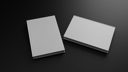 Hardcover book template, two blank gray books on black background for design purposes, 3d rendering