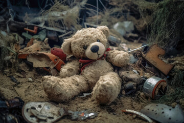 Sad stuffed Teddy bear lying in the debris after a violent storm, Generative AI