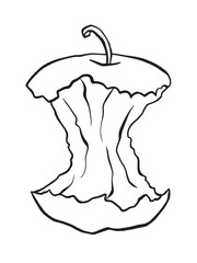 Bitten apple black and white outlined only food waste vector illustration for coloring book isolated on vertical white background. Monochrome Simple flat drawing with outlined cartoon art style.