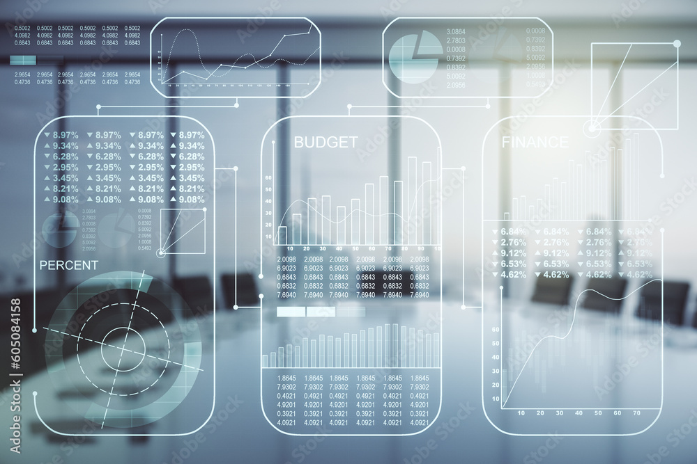 Poster Abstract virtual analytics data spreadsheet on a modern coworking room background, analytics and analysis concept. Multiexposure