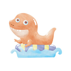 Cute Dinosaur baby wear rubber ring swimming in the sea. element watercolor style on white background vector illustration