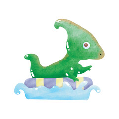 Cute Dinosaur baby wear rubber ring swimming in the sea. element watercolor style on white background vector illustration