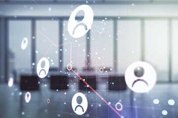 Abstract virtual social network hologram on a modern coworking room background. Double exposure