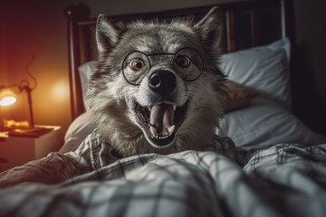 Wolf in Grandma's bed, with big teeth surprise, Generative AI