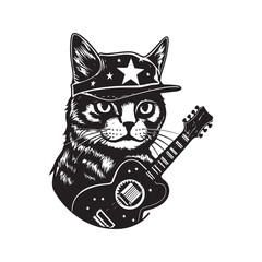 rockstar cat, vintage logo line art concept black and white color, hand drawn illustration