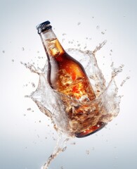 AI-image classic soda bottle in the air with ice cubes white background