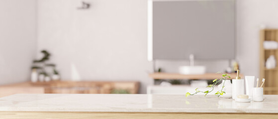 Obraz na płótnie Canvas Mockup space on a white tabletop with toiletries over blurred background of a white bathroom.