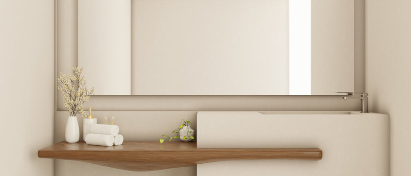Interior design of a modern minimal bathroom vanity top in white and wood style