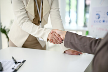 Fototapeta premium Close-up image of a businesswoman shaking hands with her business partner