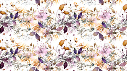 Purple and yellow flowers and leaves watercolors pattern on white background, seamless, interior decor, wallpaper.  