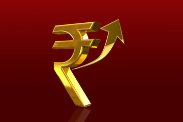 Golden Indian rupee sign and Indian currency coin isolated on 3d render. bearish and bullish golden arrow stock market background.
