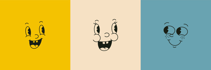 Retro Cartoon Characters Funny Faces in 30s Mascot Style. Vector Old Illustration Part Of Face - Eyes, Nose and Mouths.
