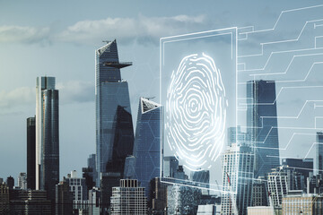 Double exposure of virtual creative fingerprint hologram on New York city skyscrapers background,...