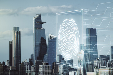 Double exposure of virtual creative fingerprint hologram on New York city skyscrapers background, research and development concept
