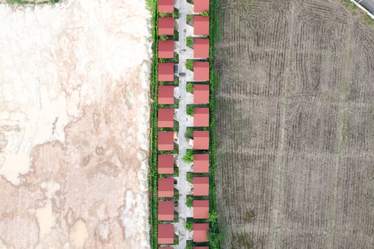 Land, field and soil backfill in aerial view. Include landscape, home house building, empty or vacant area. Real estate or property for development, construction, sale, buy in Chiang Mai of Thailand.
