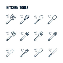 Naklejka premium Kitchen Icons, Kitchen Tools Vector Set. Linear icon design. Spatulas and ladles.