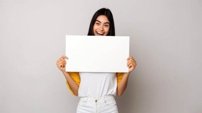 Portrait of a beautiful young woman holding a blank white board. - made with Generative AI