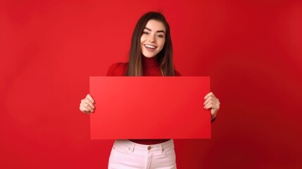 Portrait of a beautiful young woman holding a blank red board. - made with Generative AI