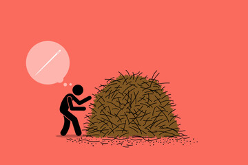 Finding a needle in a haystack. Vector illustrations clip art depicts concept of difficult task, impossible mission, hidden gem, challenging job, and extreme effort. - obrazy, fototapety, plakaty