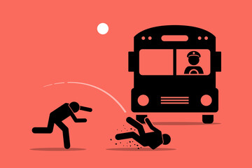 Throw someone under the bus. Vector illustrations clip art depicts concept of betrayal, sacrificial, exploitation, blame, undermine, vilify, and scapegoat.