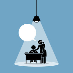 Teacher teaching a child in a one to one tuition session. Vector illustrations clip art depicts concept of study, learning, education, development, dedication, motivation, nurture, and cultivation.