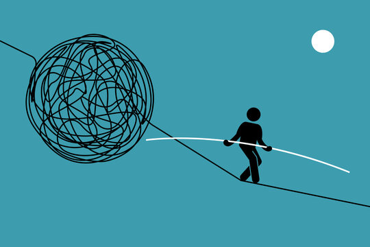 Person successfully walk over a chaotic and dangerous tightrope challenge. Vector illustrations clip art depicts concept of effort, success, daring, risk, difficult, and balance.