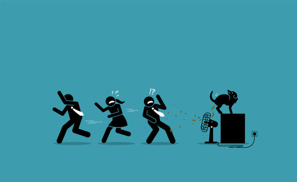 Shit Hit The Fan. Vector Illustrations Clip Art Depicts Concept Of Company Business Havoc, Issue, Problem, Disorder, Chaos, Crisis, And Disarray.  People Running Away To Avoid The Feces Flying Around.