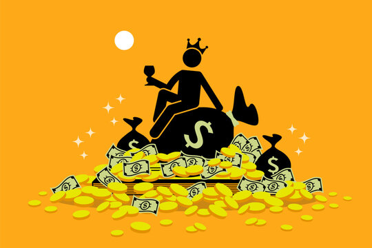 Man wearing a crown sitting on a pile of money and gold coins. Vector illustrations clip art depicts concept of rich, wealth, inheritance, lucky, fortune, treasure trove, and extravagant.
