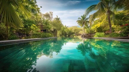 Fototapeta na wymiar Tropical Oasis Retreat: Serene Swimming Pool in Lush Paradise 4. Generative AI