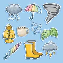 Set of Rain Season Objects Cute Sticker Illustration