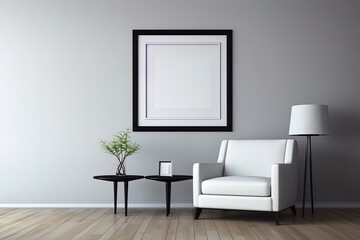 Blank white picture frame in contemporary living room using generative AI