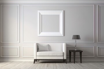 Empty picture frame in modern and contemporary living room with wall paneling using generative AI