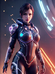 Fototapeta na wymiar Pretty Short Black Hair Woman in Sci-Fi Space Suit Neon Glow Background Generative AI illustration