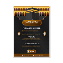 Tour Hajj and Umrah brochure Template Vector Design With realistic kaaba for Islamic background, flyer, banner