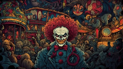 A horror scene set in a creepy carnival with clowns and a funhouse of horrors. Fantasy concept , Illustration painting. Generative AI